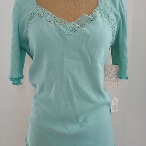 Free People Mint Lace-Trim Ribbed Top
